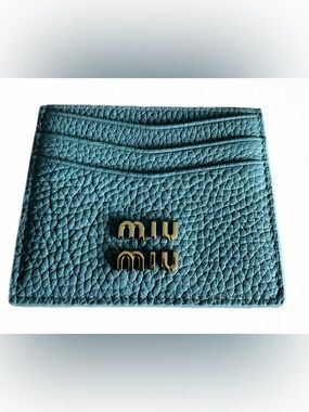 Miu Miu Blue Pebbled Leather Card Holder Wallet Gold Logo Authentic